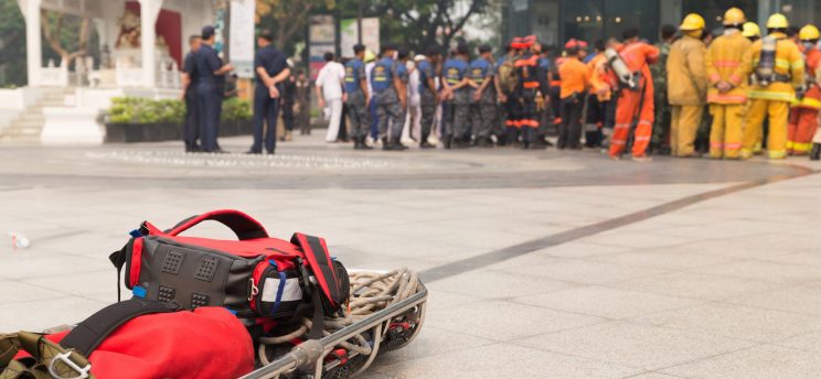 Photo of a disaster drill in progress.